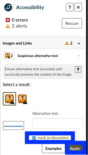 The accessibility guide with the marked as decorative option highlighted.