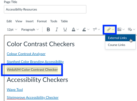 Canvas page editor with link description and link button in toolbar highlighted.