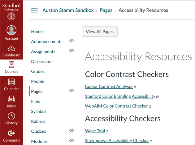 Canvas page with accessible links highlighted.