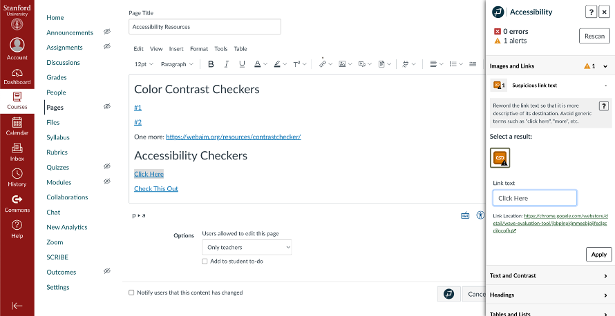 Canvas page editor with Pope Tech Accessibility Guide selected and Links Pane open.