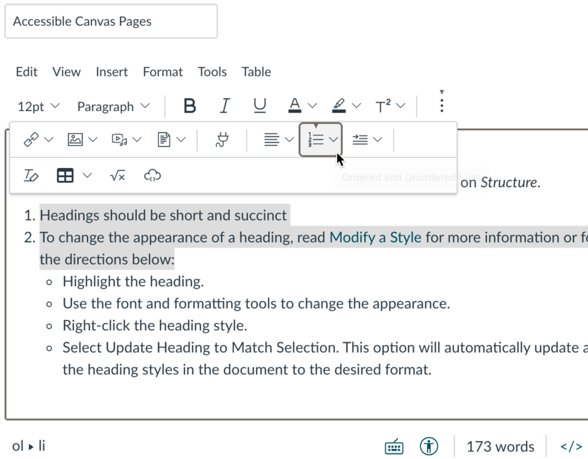 Screenshot of Canvas lists options