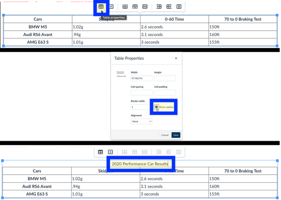 Editing a table on a Canvas page. Selecting the table properties and inserting a caption.