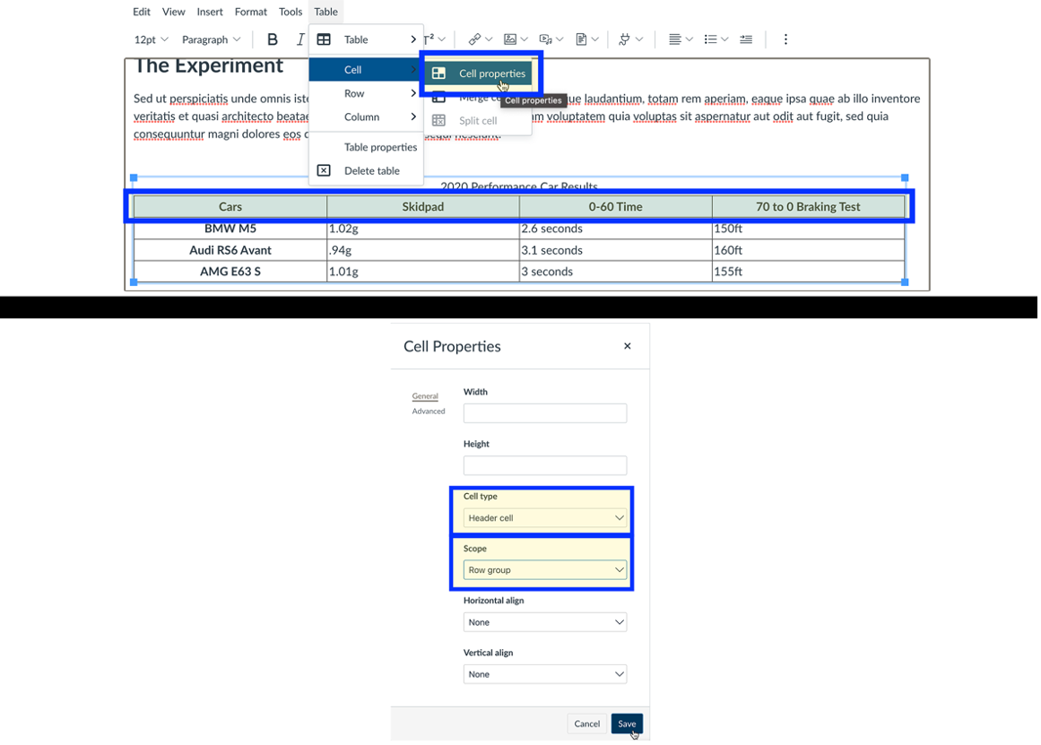 Editing a table on a Canvas page. Header row is highlighted. Cell properties opened to set cell type and scope.