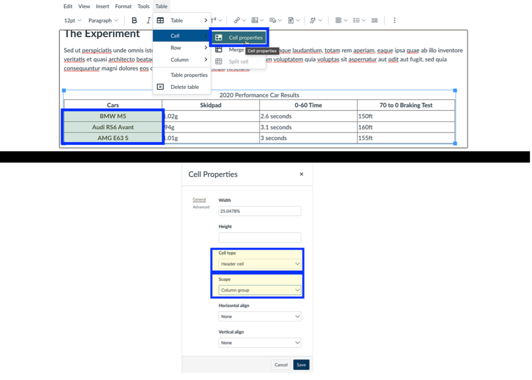 Editing a table on a Canvas page. Header column is highlighted. Cell properties opened to set cell type and scope.