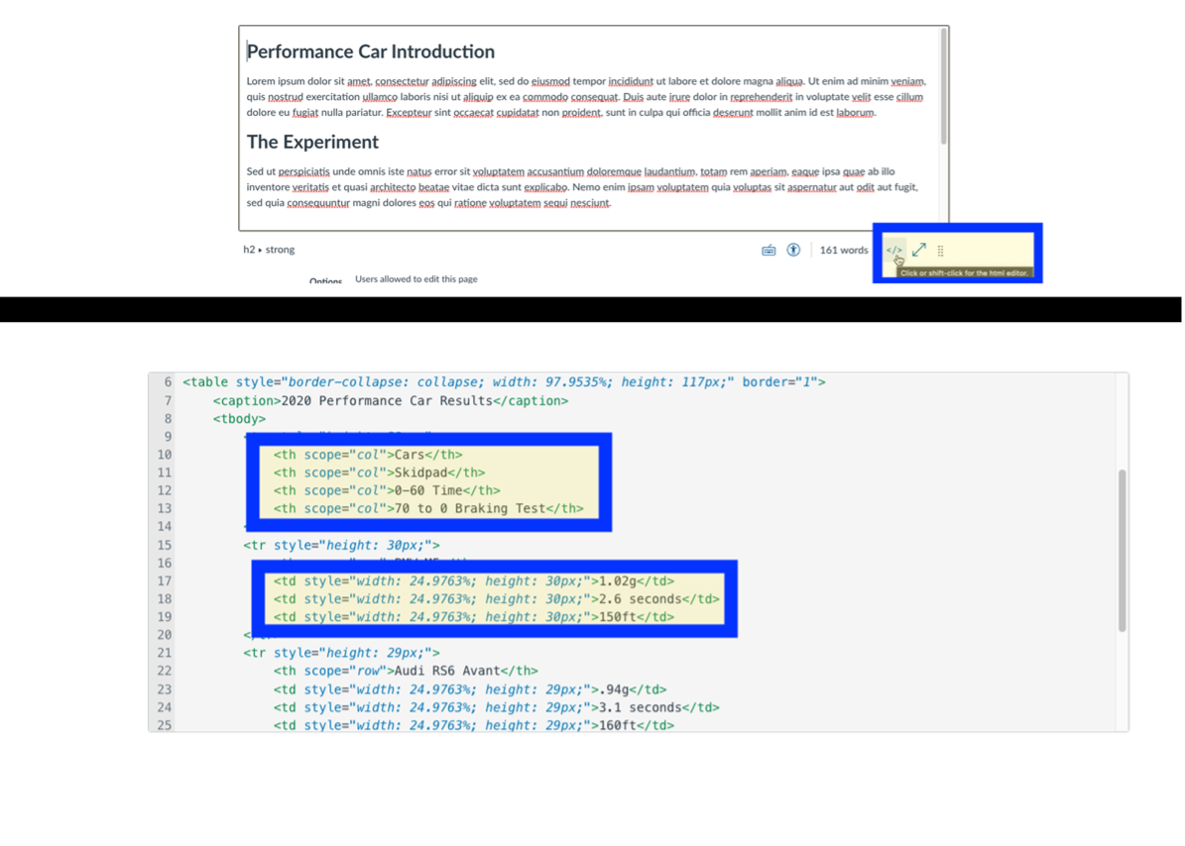 Editing a table on a Canvas page. HTML editor selected. HTML table code is displayed.