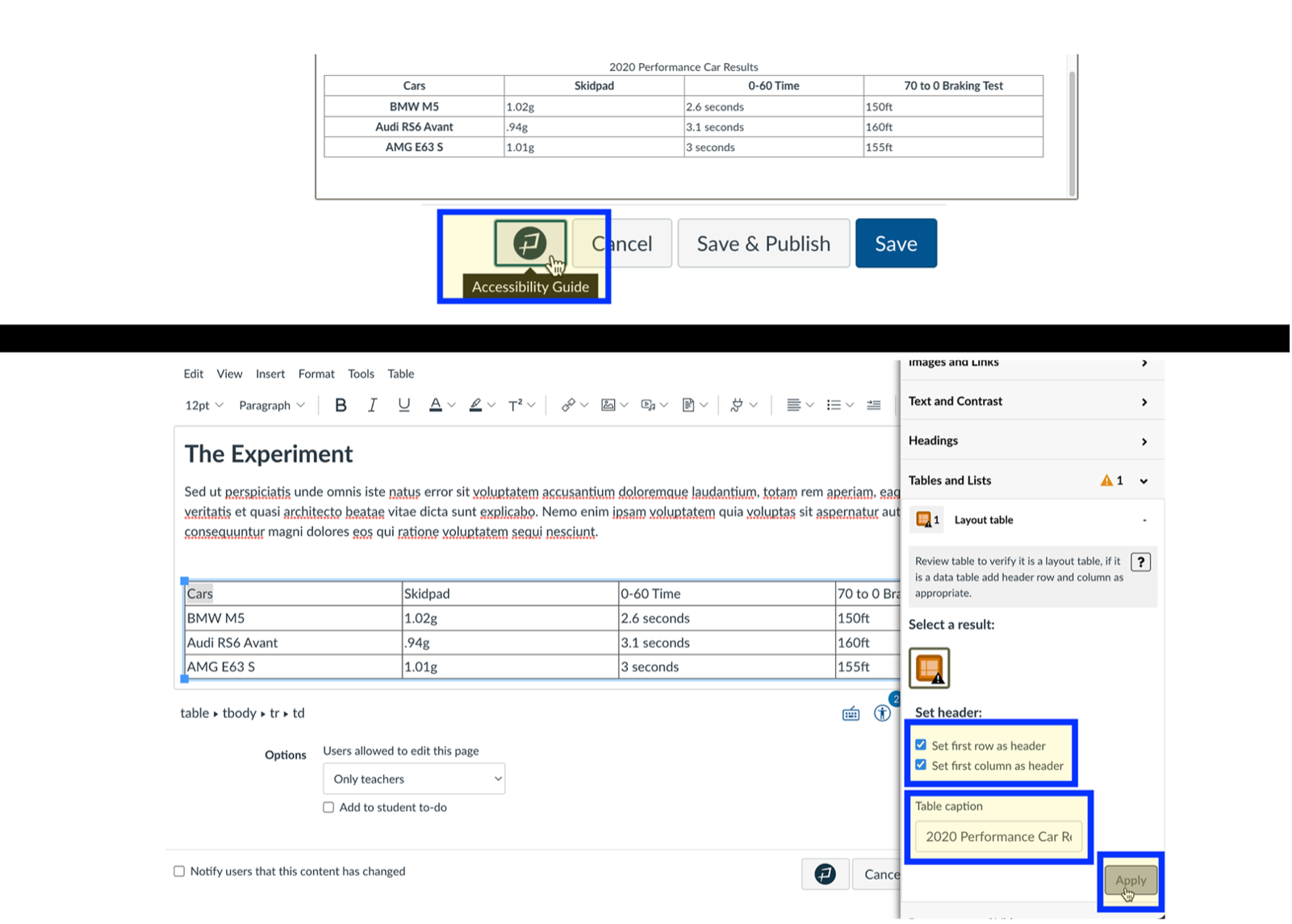 Editing a table on a Canvas page. Accessibility Guide selected. Guide's table section shows caption and header editor.
