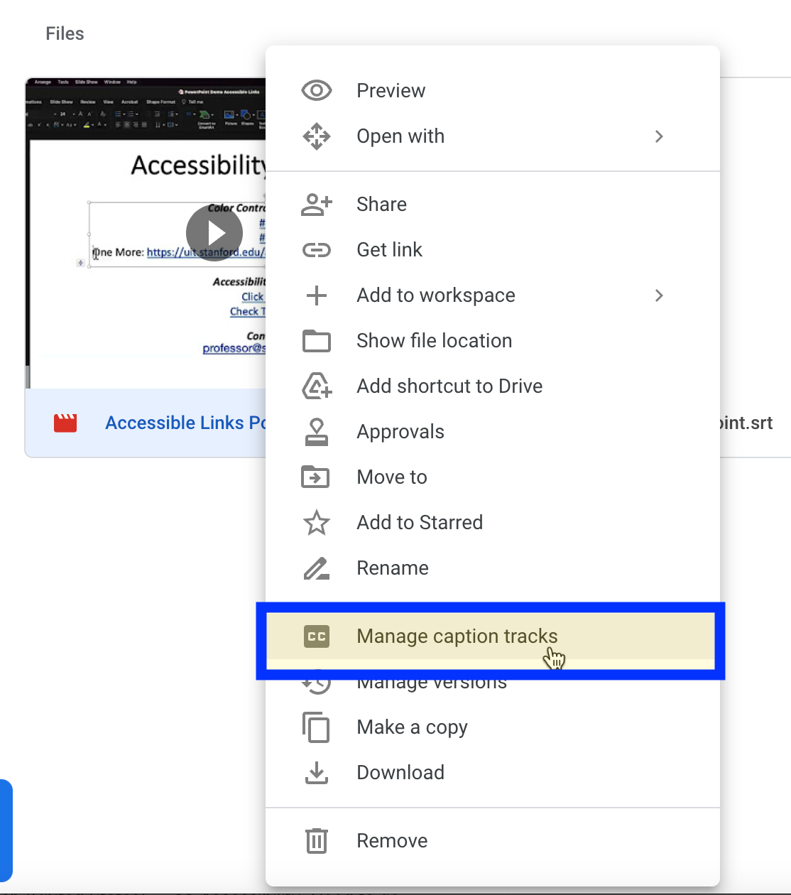 Manage caption tracks selected in Google Drive.