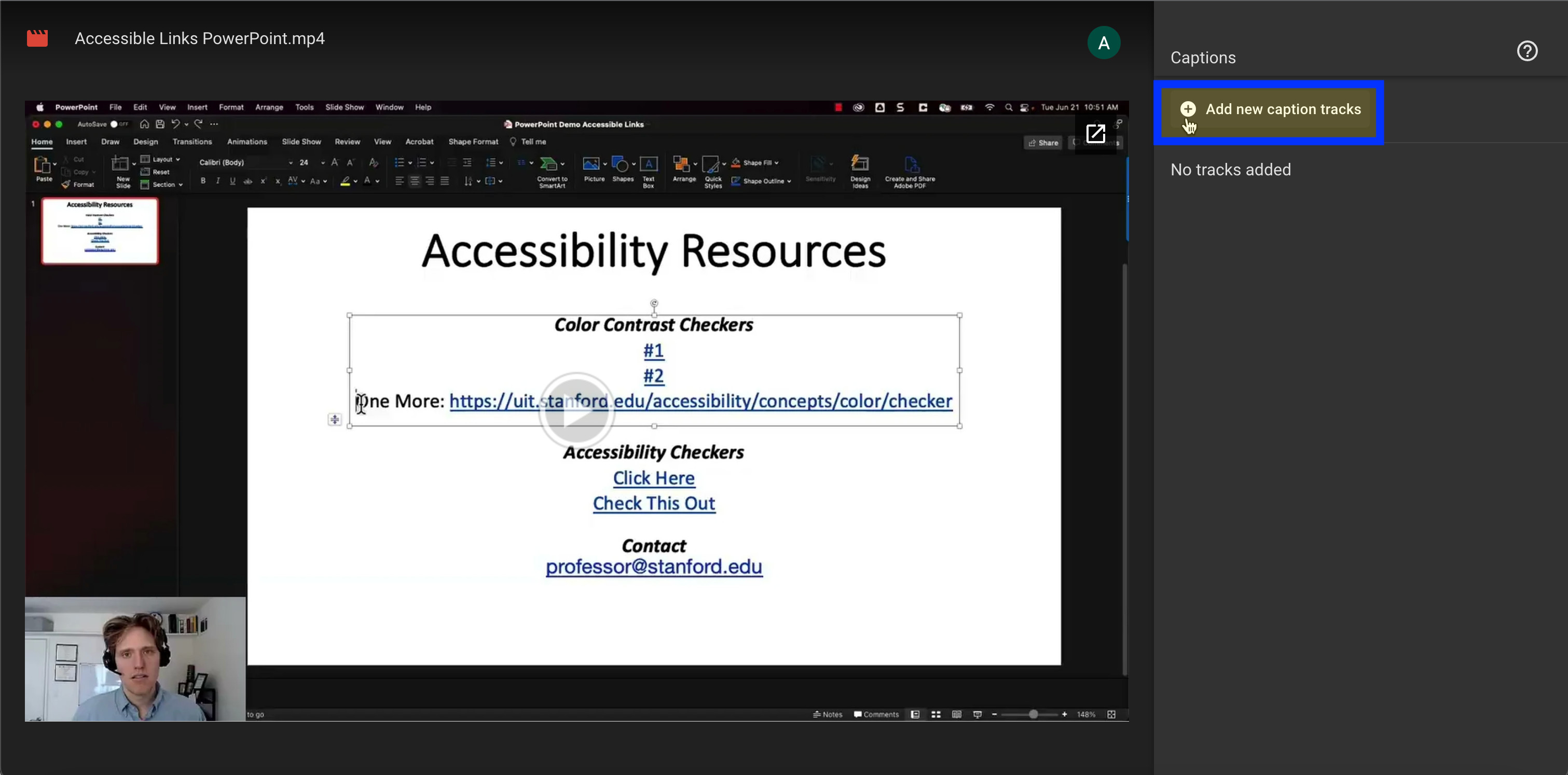 Add new caption track highlighted in Google Drive video.