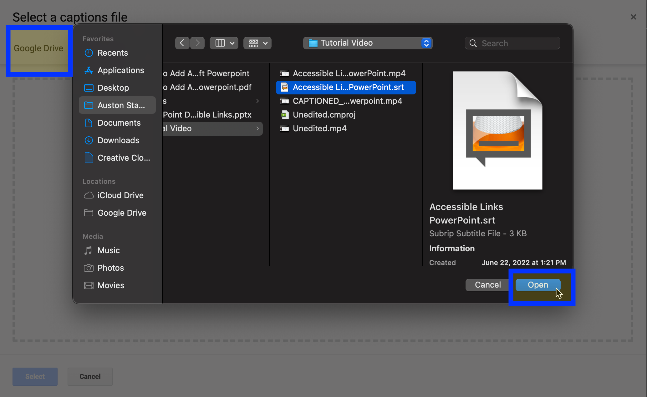 Google Drive captioning file selected.