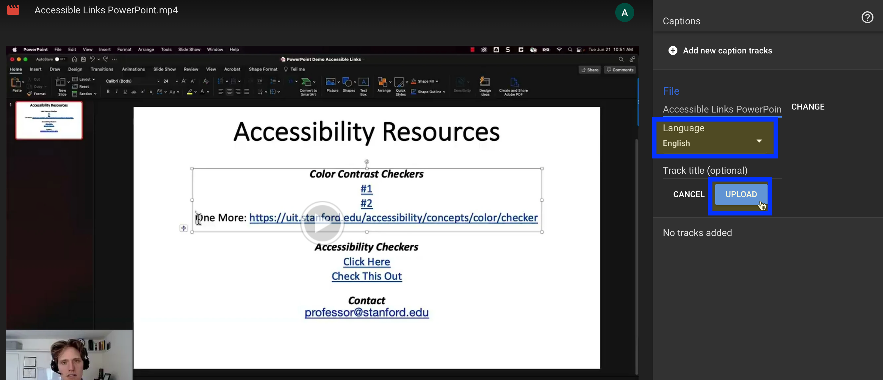 Google Drive video captions language and upload highlighted.