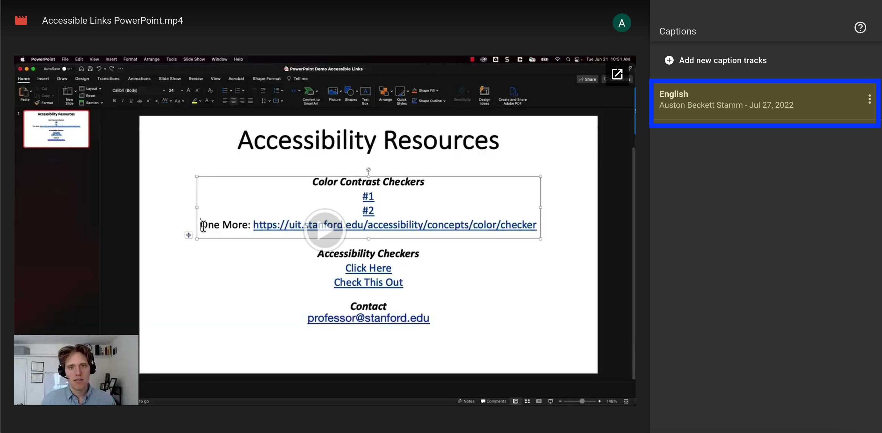 Newly added captions track highlighted.