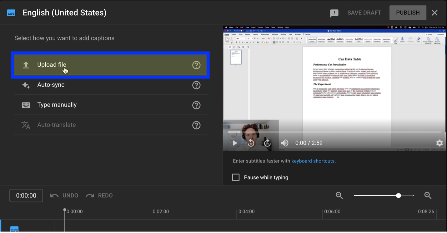 YouTube subtitles pane with upload file selected.