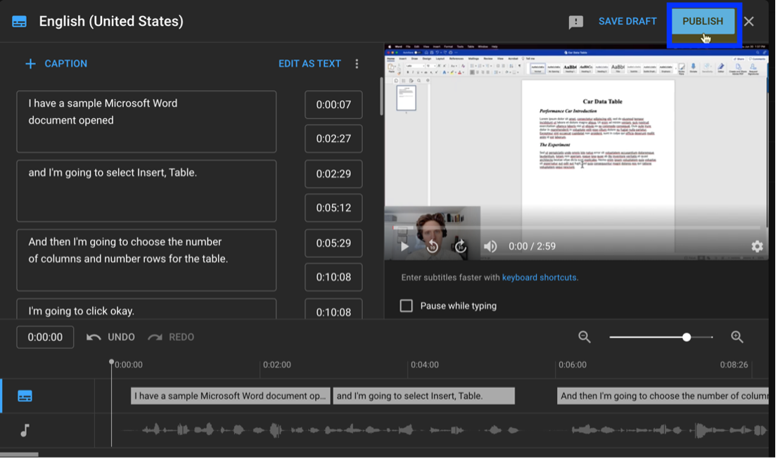 YouTube subtitles pane with upload file selected.