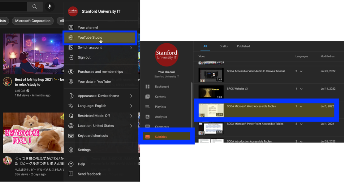 YouTube Studio with subtitles section selected.