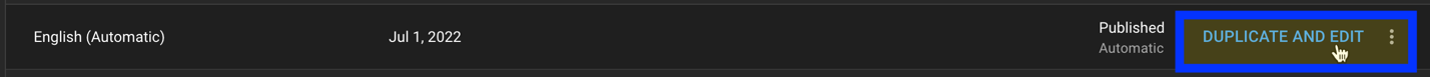 YouTube auto generated captioning highlighted with duplicate and edit selected.