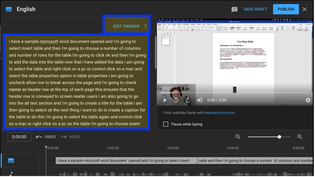YouTube captioning editor with transcript and edit timing highlighted.