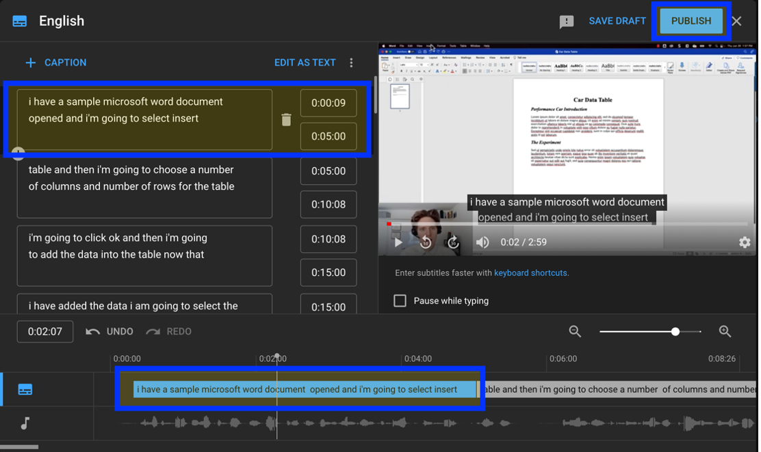 YouTube captioning editor with individual captions and timeline highlighted.