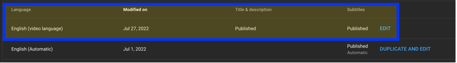 YouTube edited captions highlighted in subtitles page.
