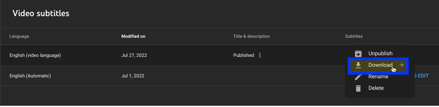 YouTube download subtitles highlighted.