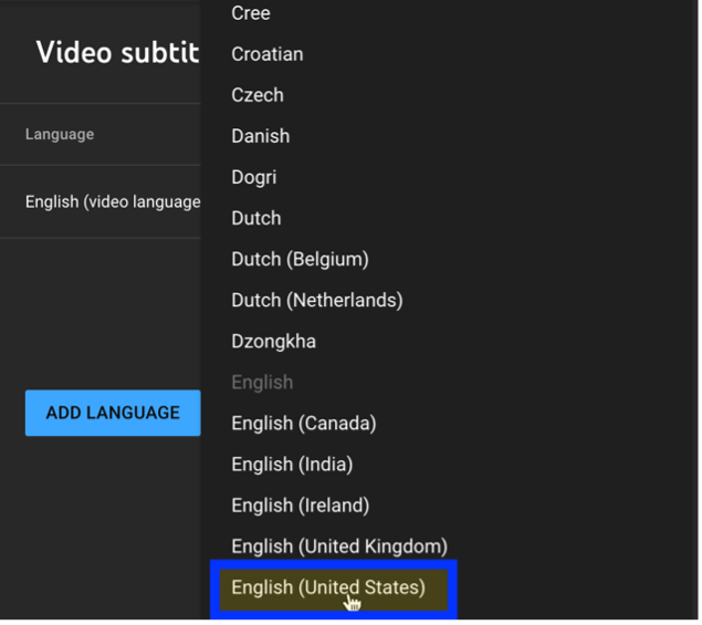 YouTube new subtitles with language pane open.