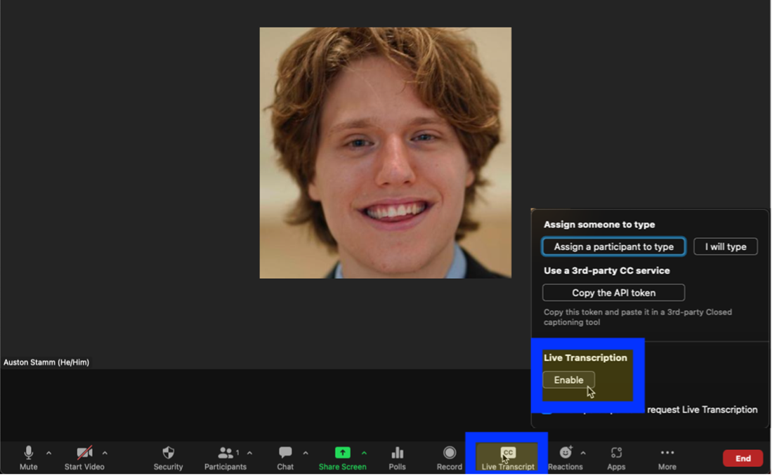 Zoom meeting with Live Caption highlighted in the toolbar.