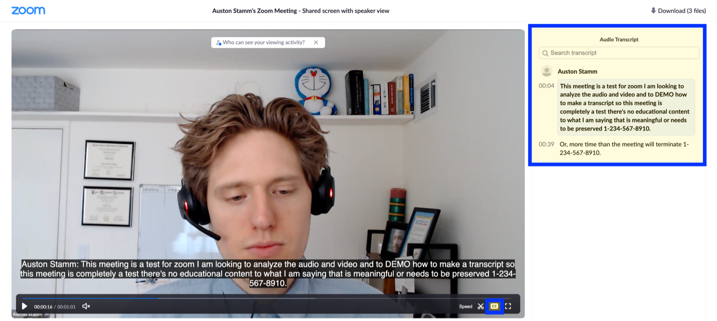Zoom recording video player opened with CC button and transcript pane highlighted