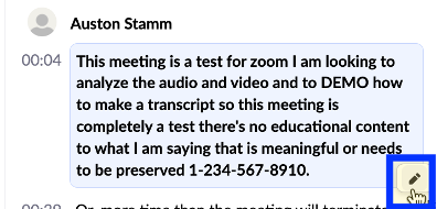 Text bubble in transcript highlighted with pencil icon selected