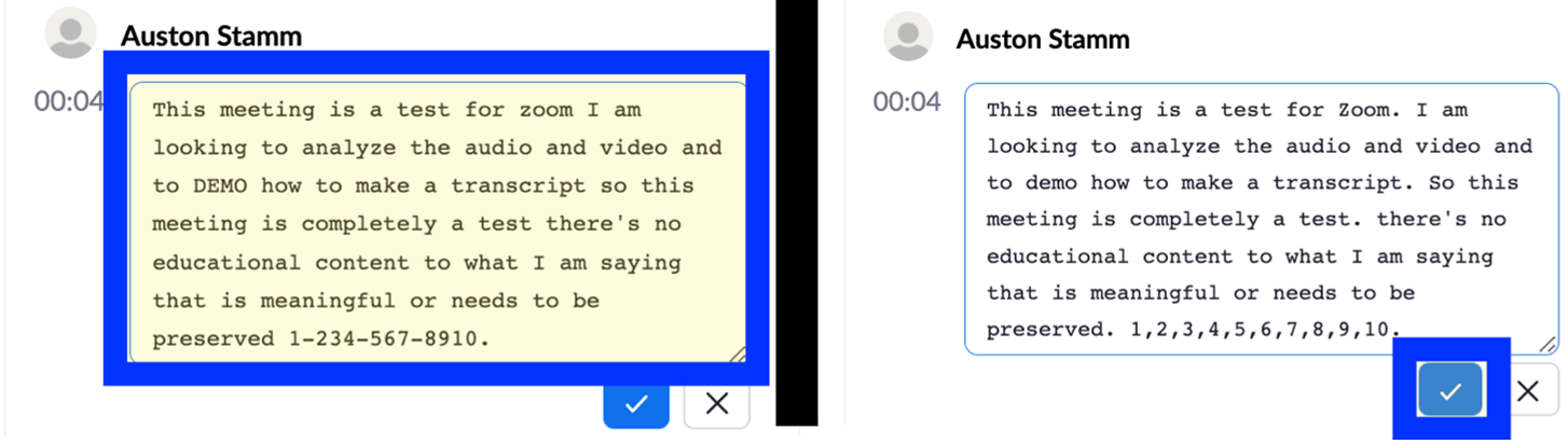 Text bubble in transcript highlighted with pencil icon selected