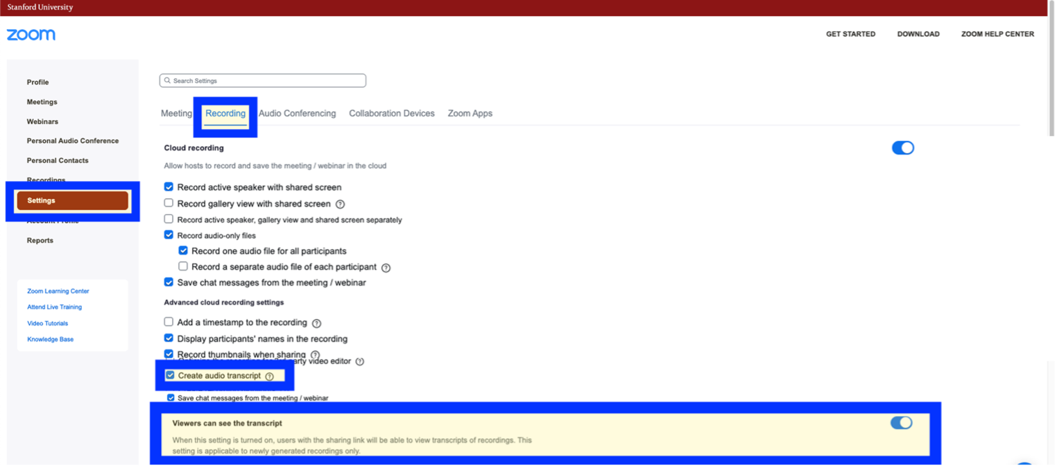 Zoom meeting window with view transcript pane open