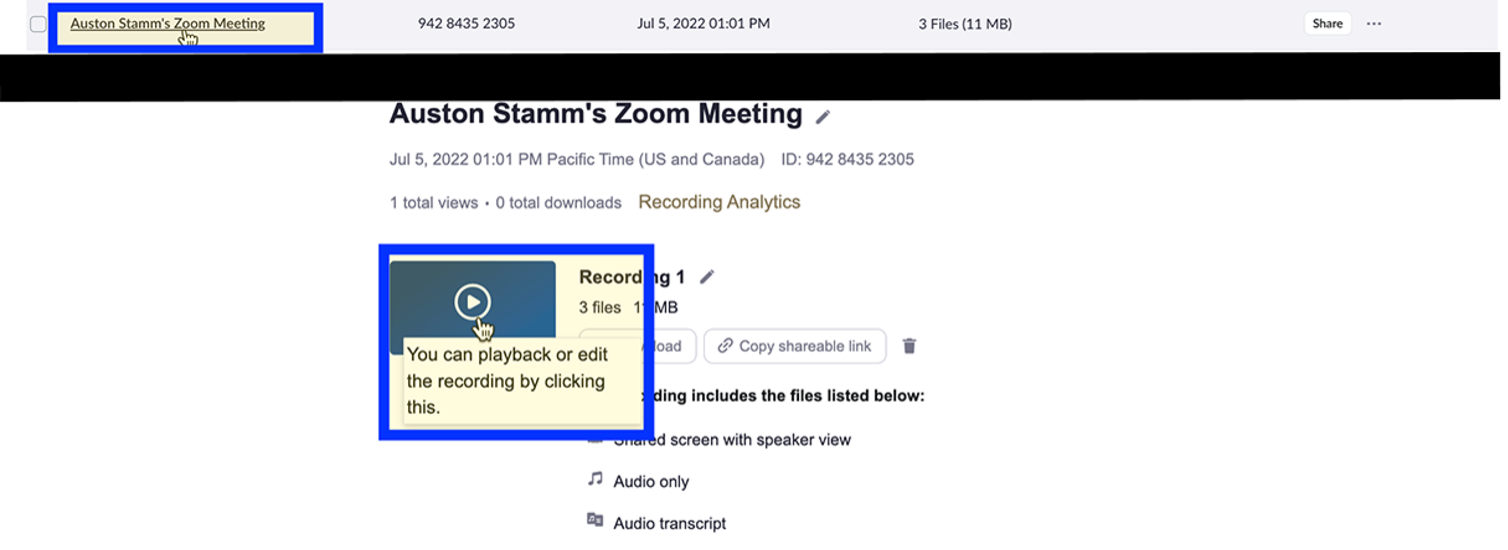 Zoom meeting webpage with play button selected