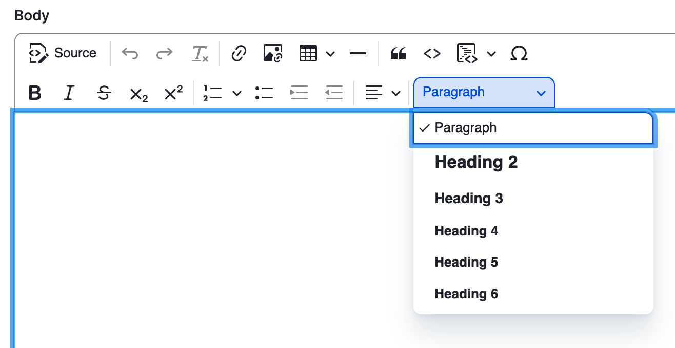 Styles dropdown from the Drupal CMS showing the heading styles