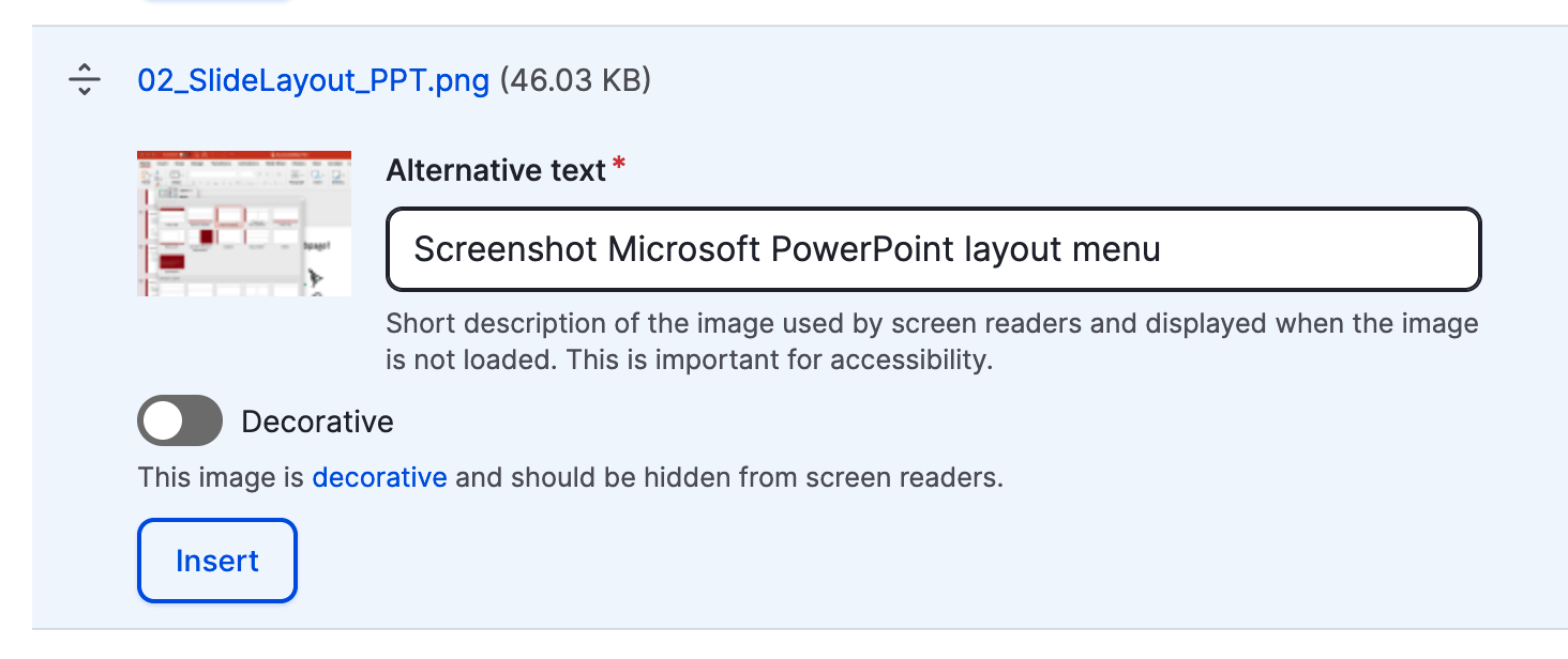 Image editor window from Drupal showing the ALT text area plus the mark as decorative checkbox