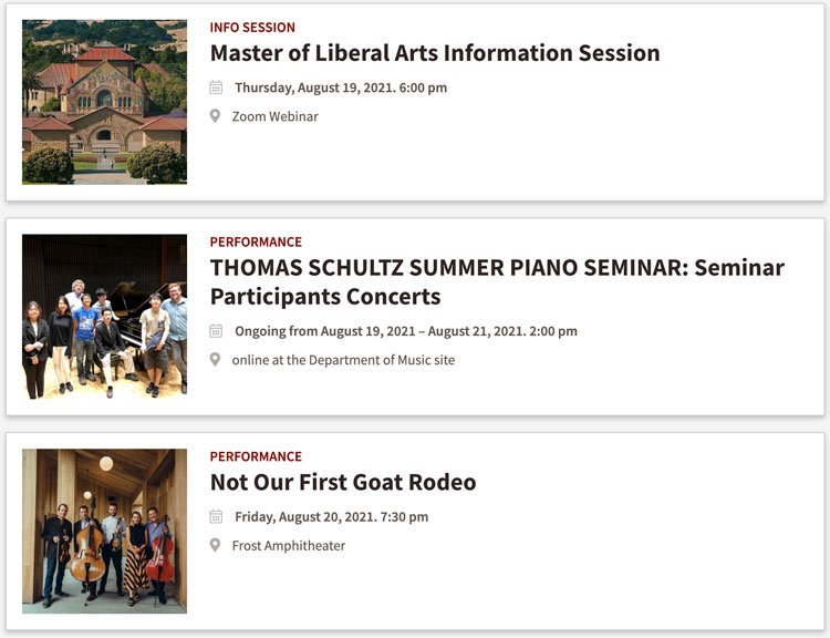 Events page from Stanford with redundant images in event listings