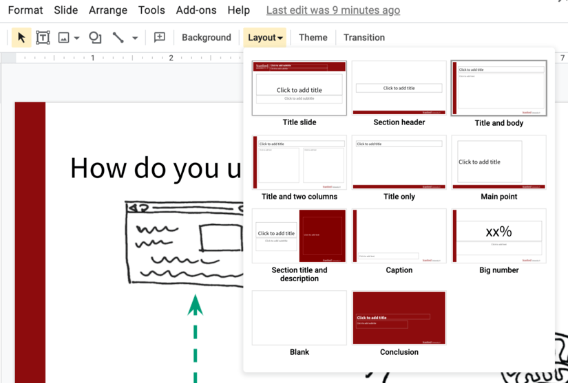 Screenshot Google Slides layout menu