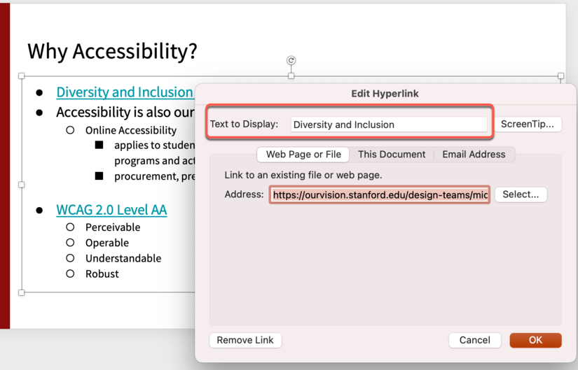 Screenshot Microsoft PowerPoint hyperlink text to display field