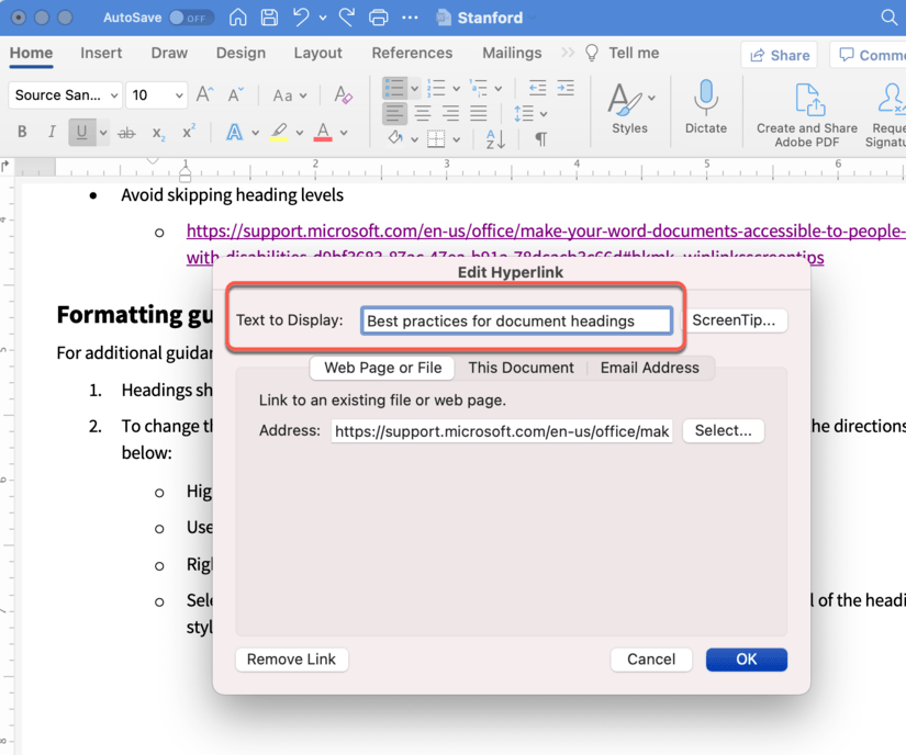 Screenshot Microsoft Word 365 hyperlink text to display field
