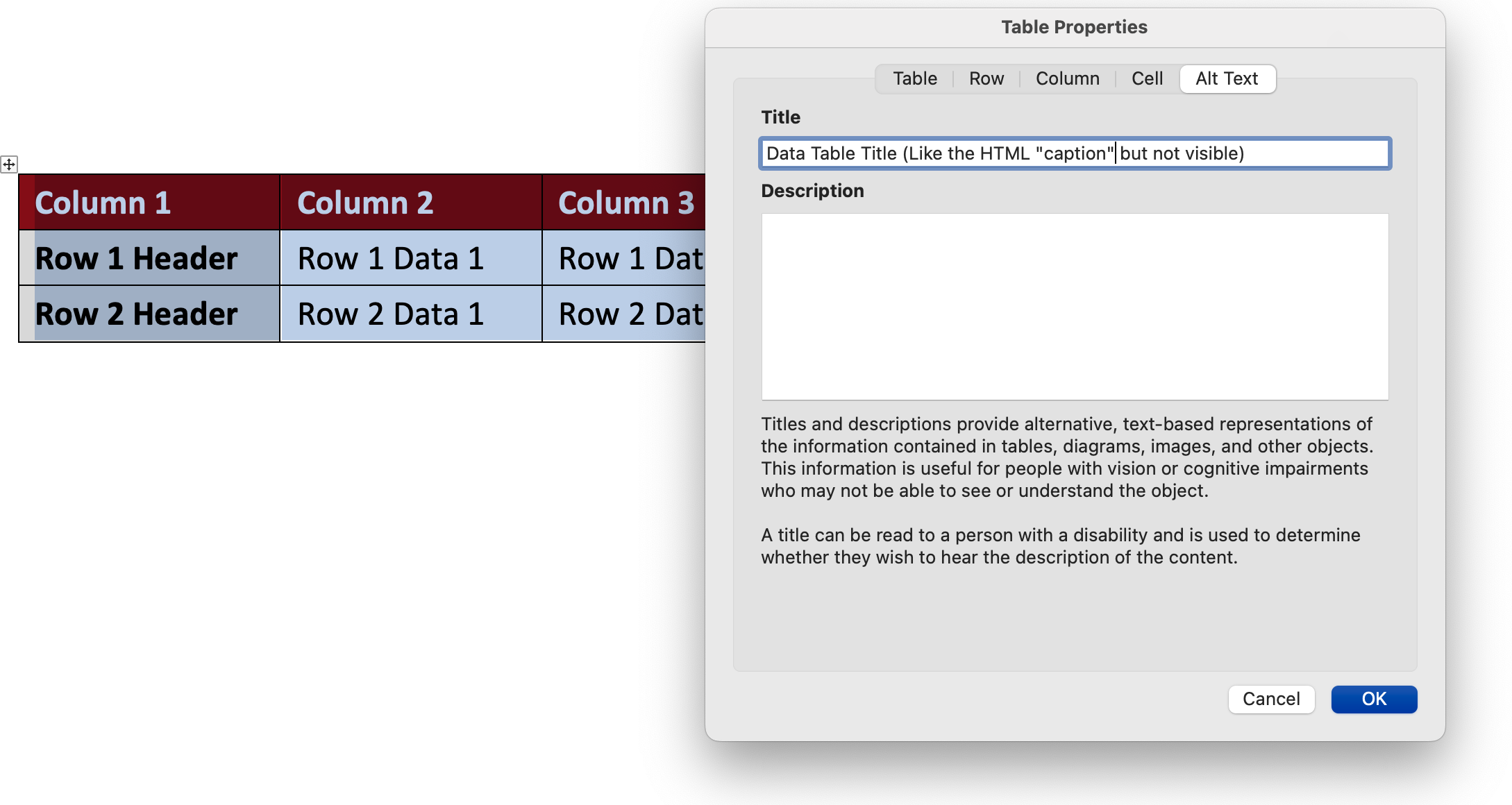 Table Properties with a title.