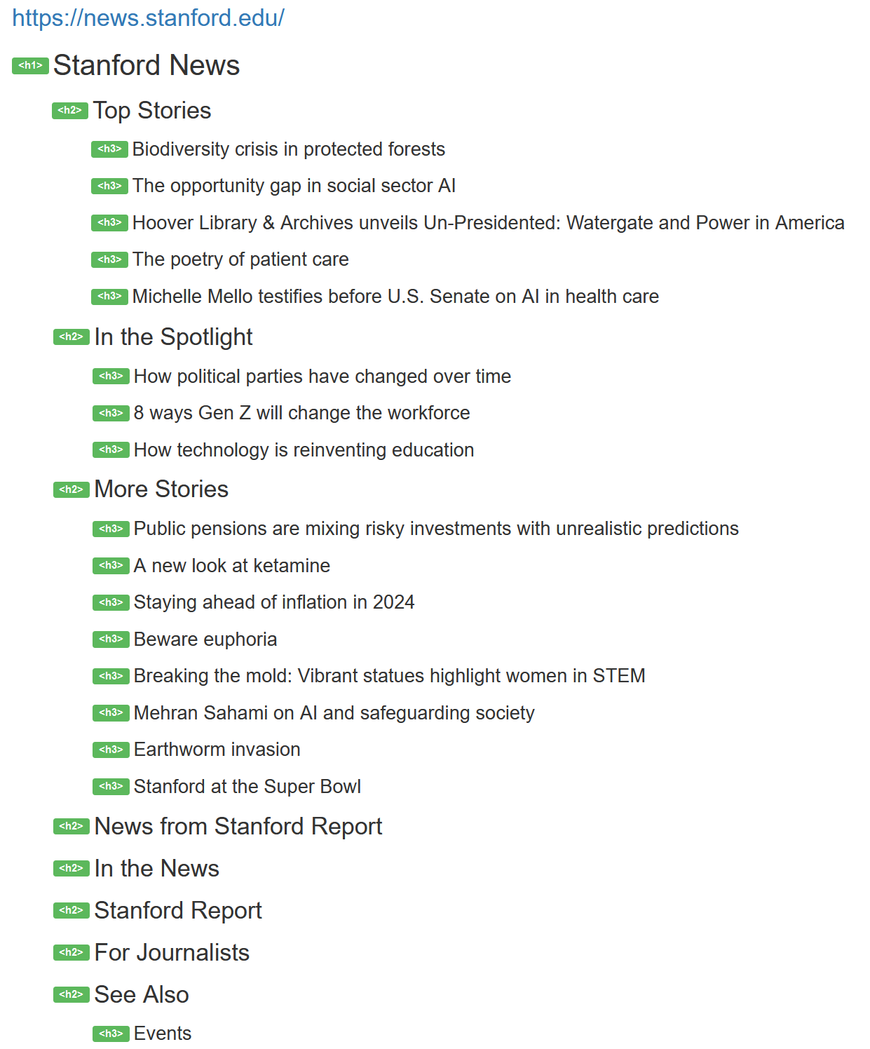 Heading Structure of the Stanford News website.