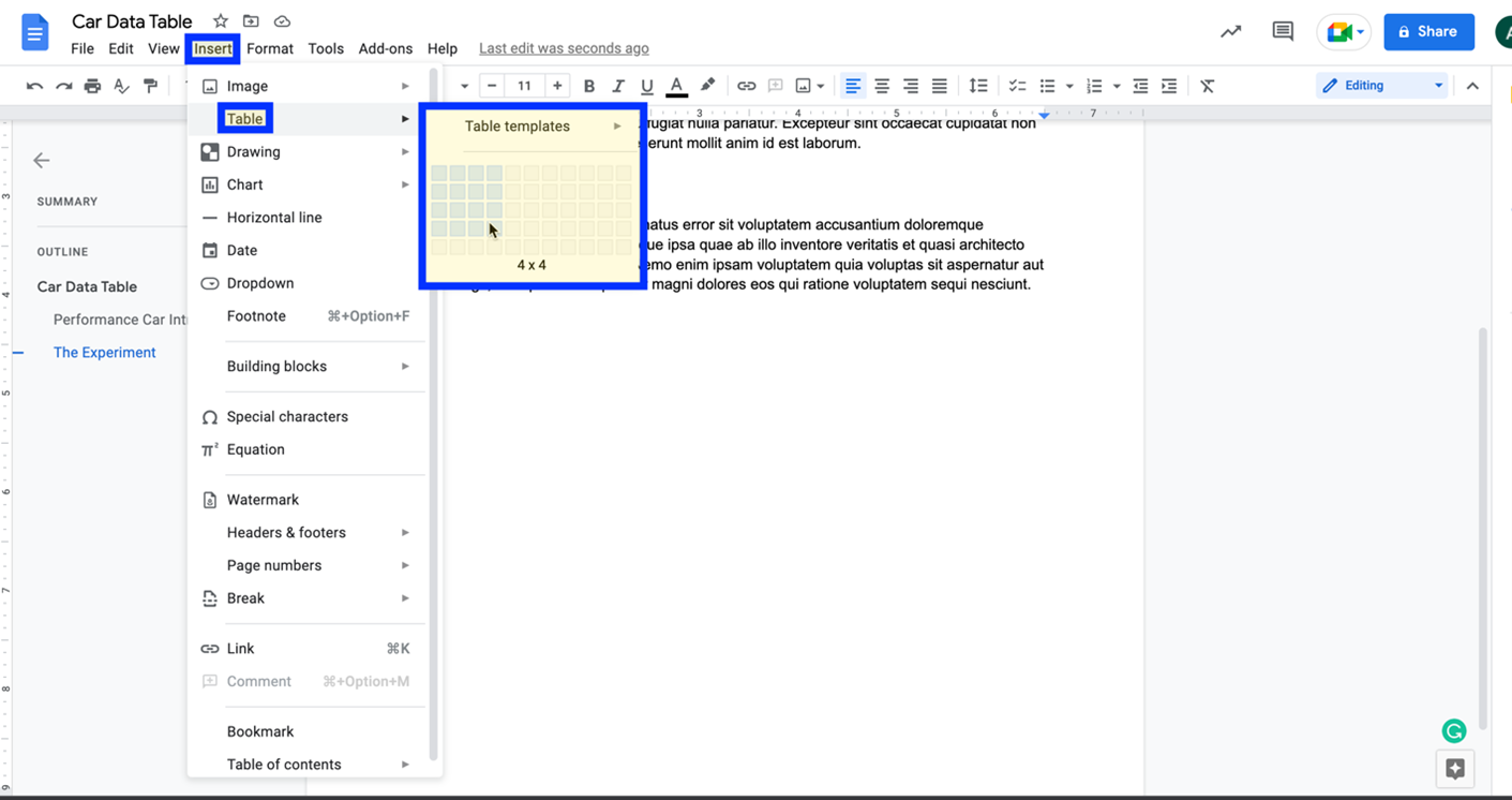 Google Document with the Insert table highlighted.