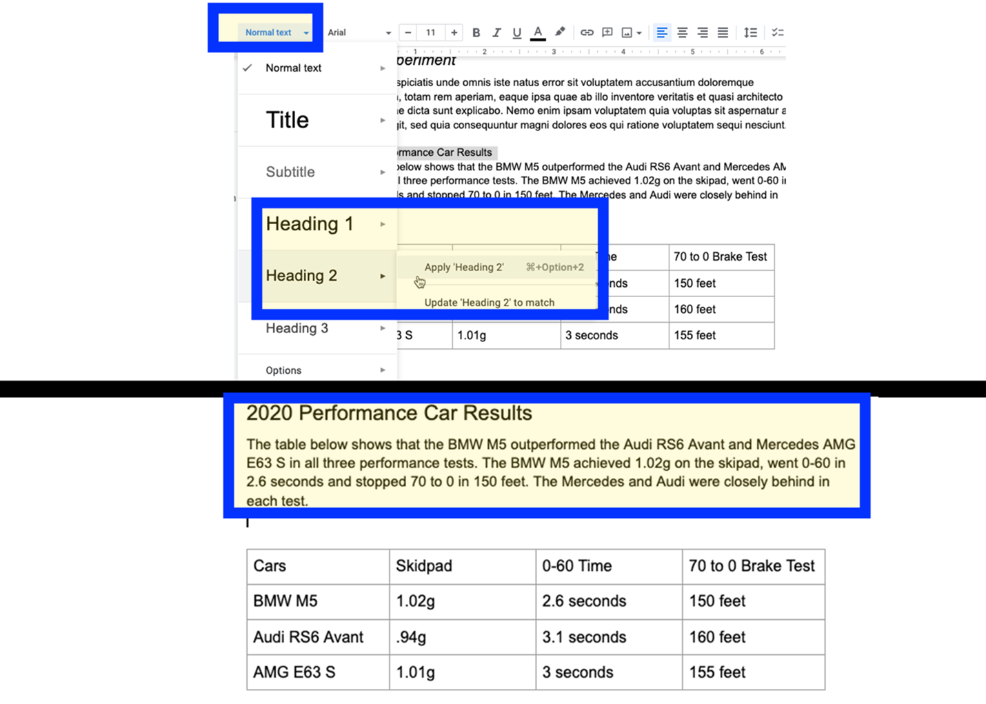 Google document with heading tab selected. Heading and description of the table highlighted.