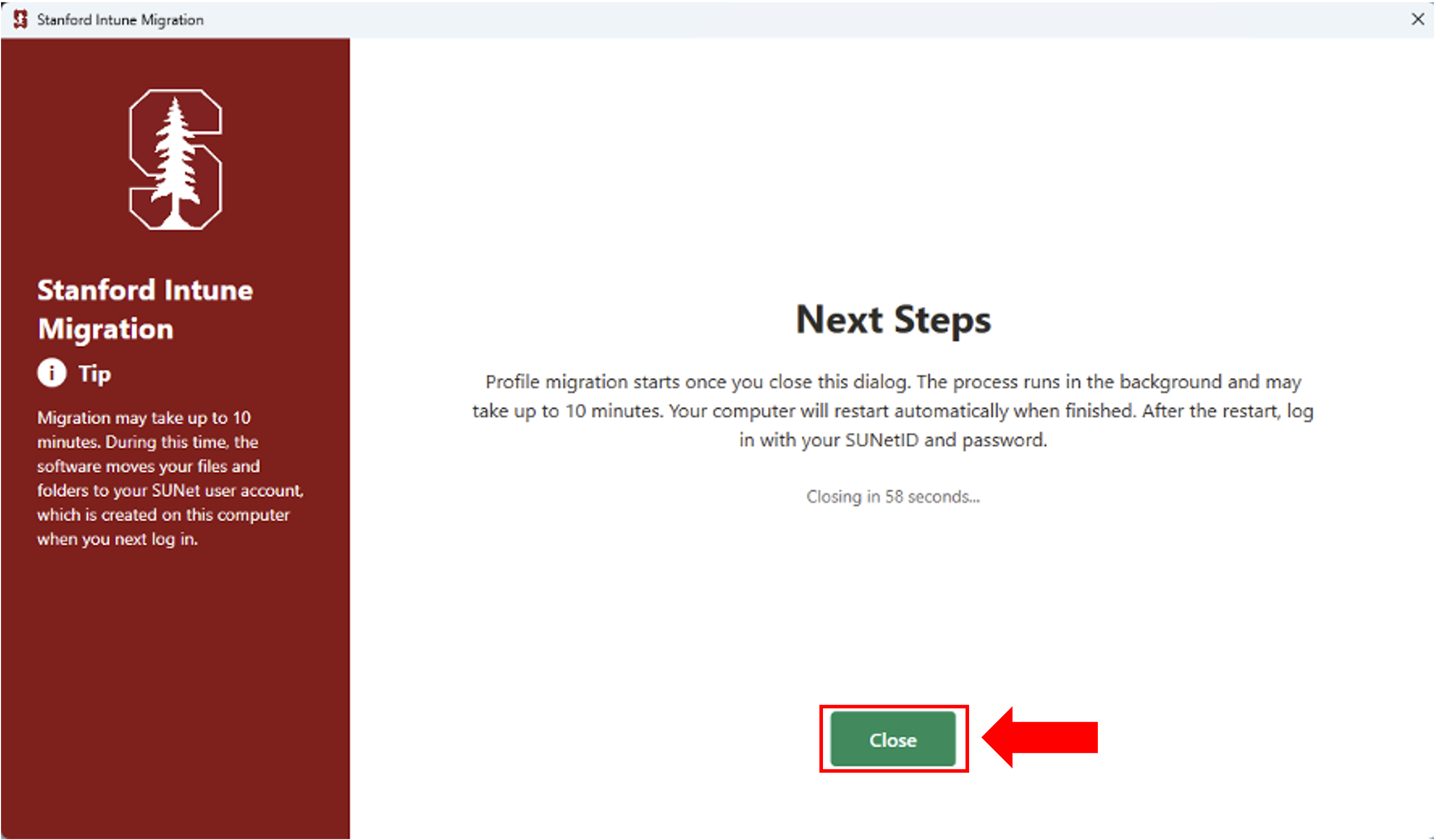 screen capture of next steps view and close button