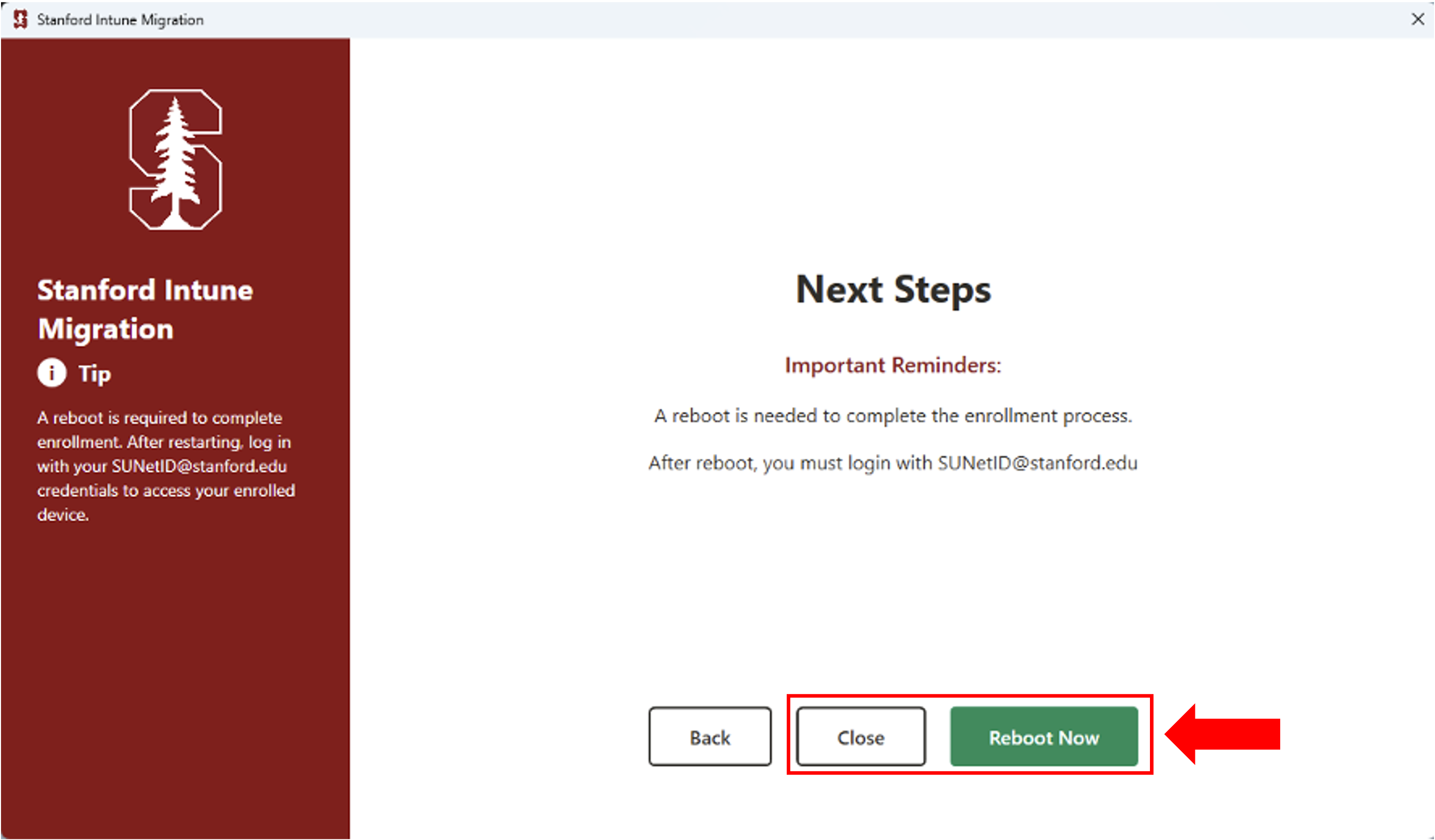 screen capture of close or reboot now option