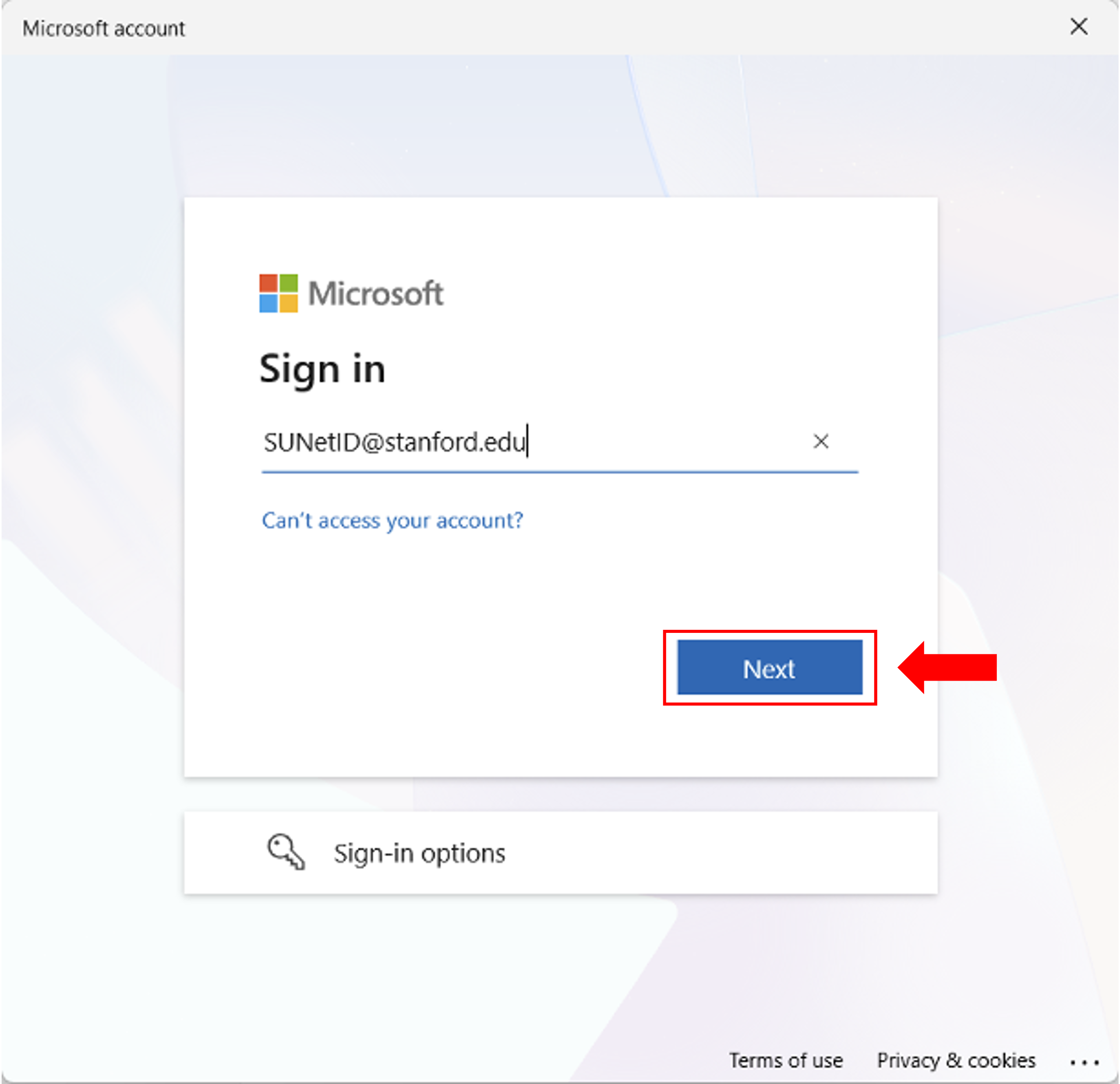screen capture of Microsoft login screen and click next