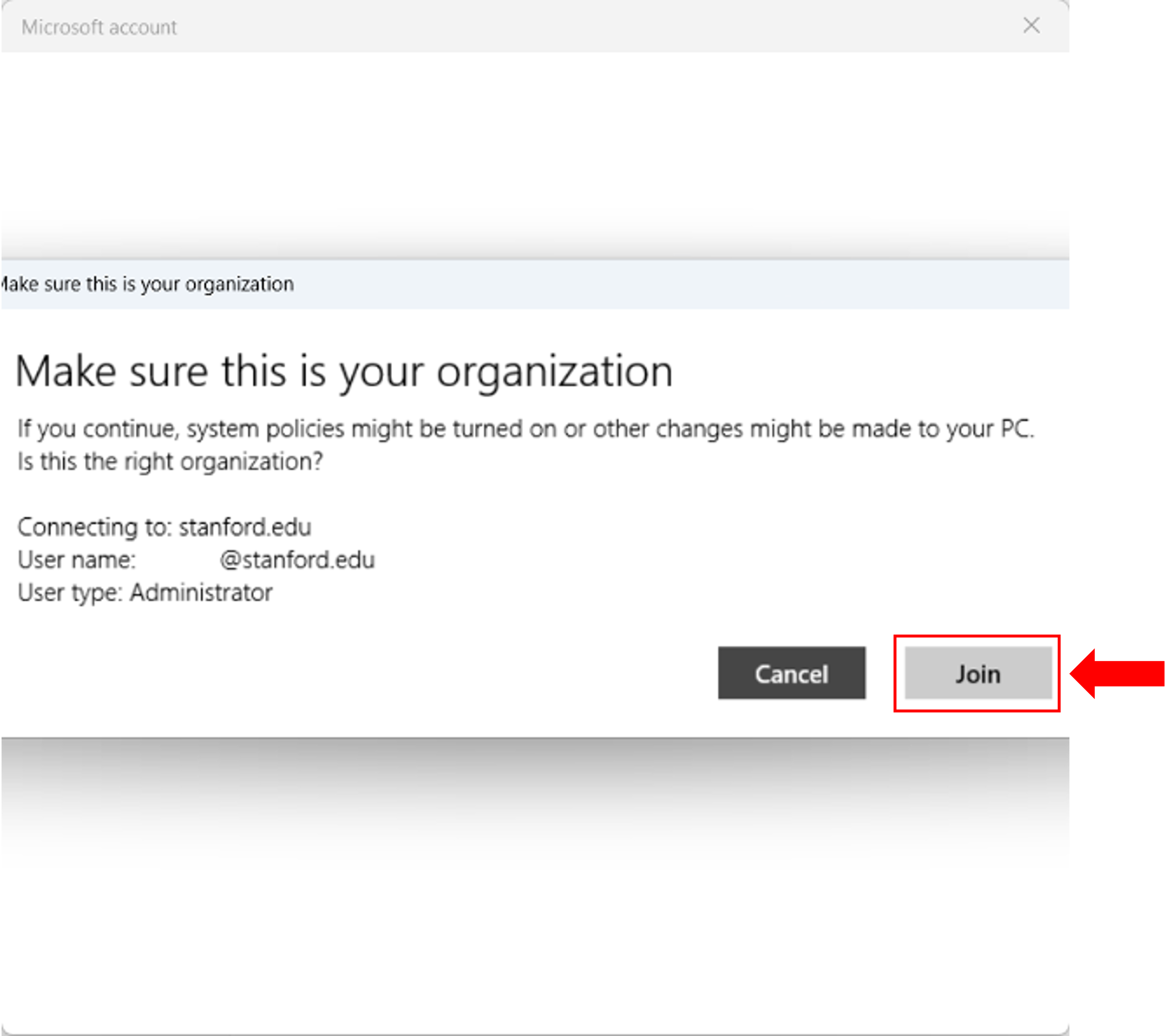 screen capture of make sure this is your organization view and click join