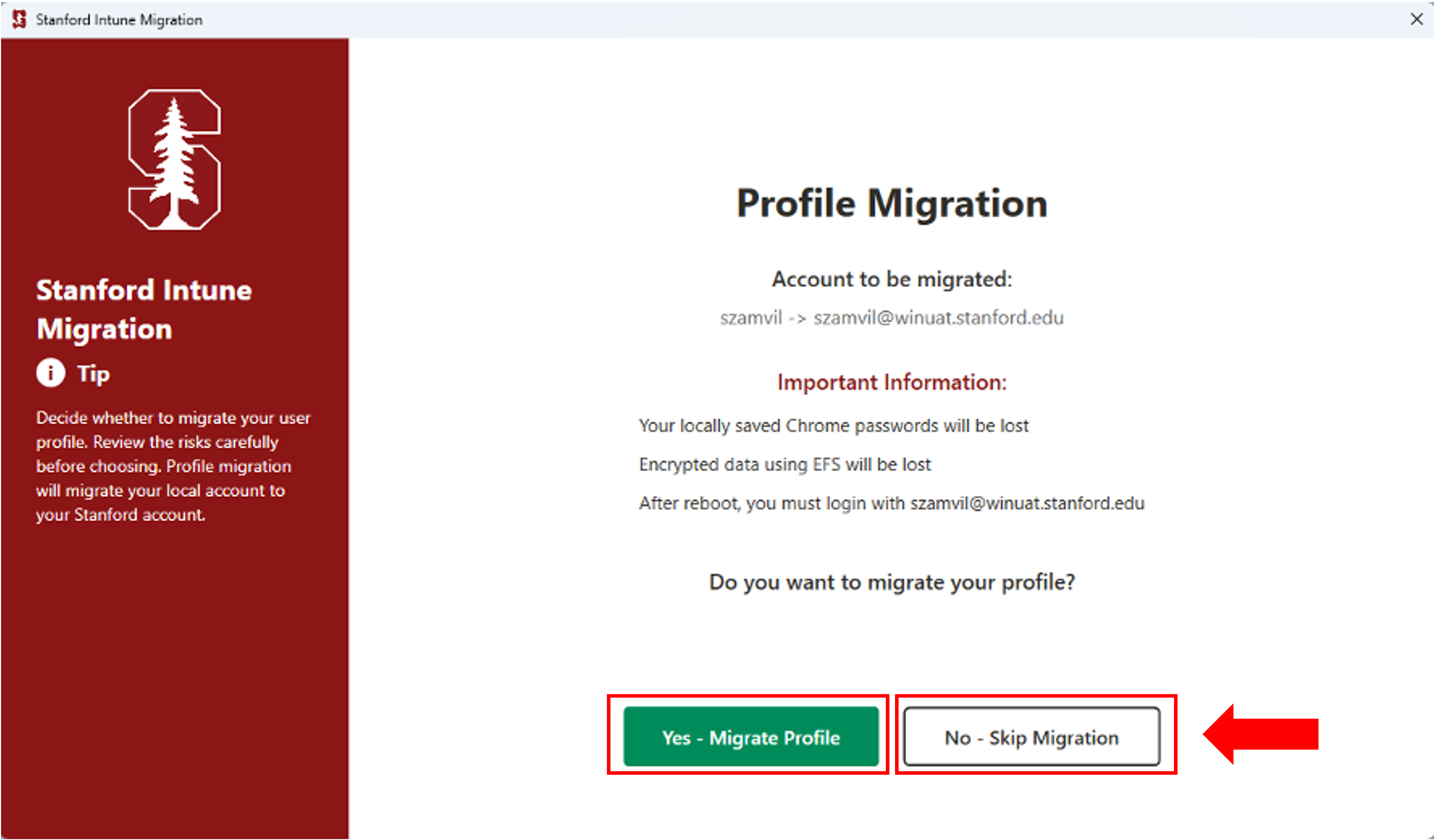 screen capture of profile migration view