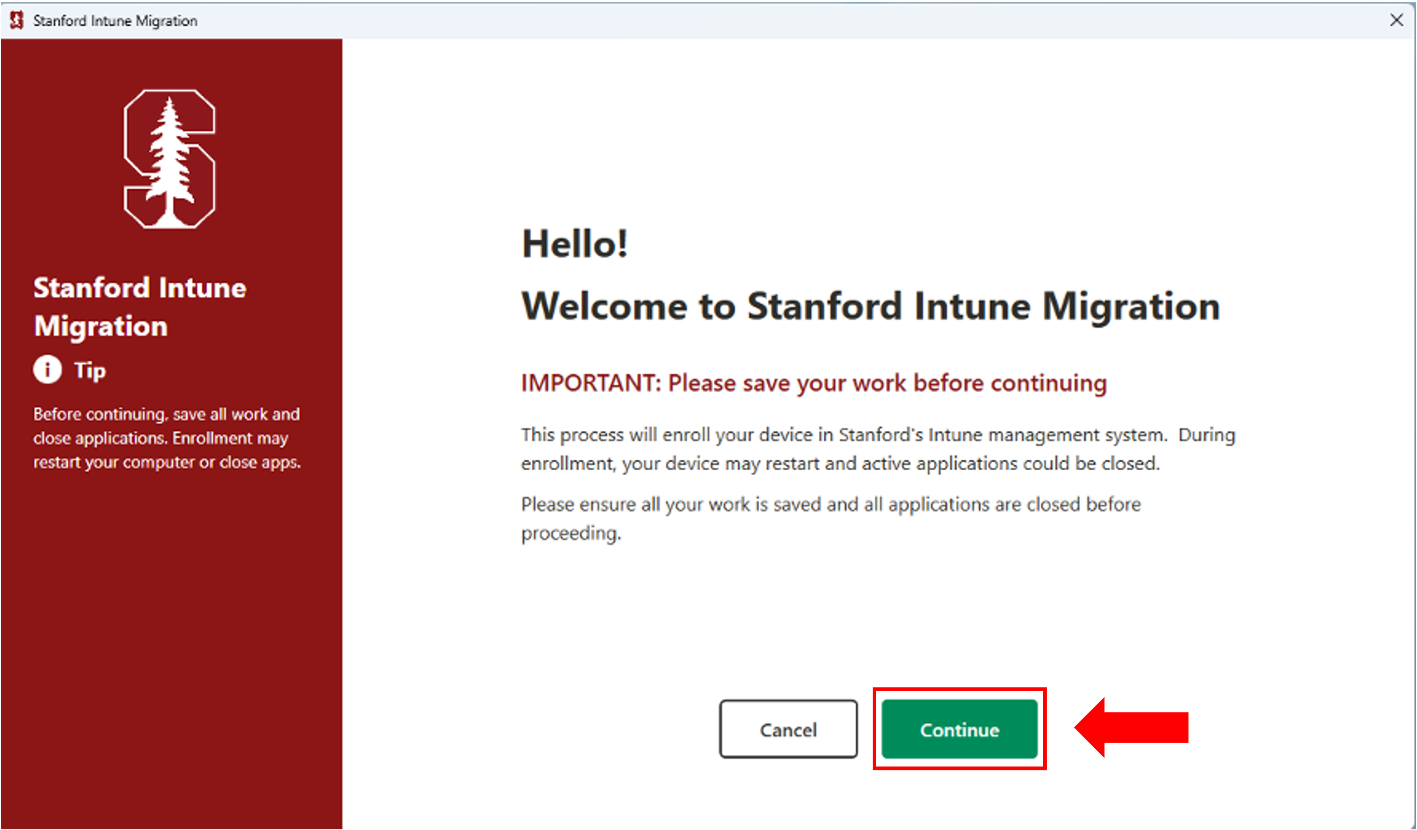 screen view of welcome and click continue