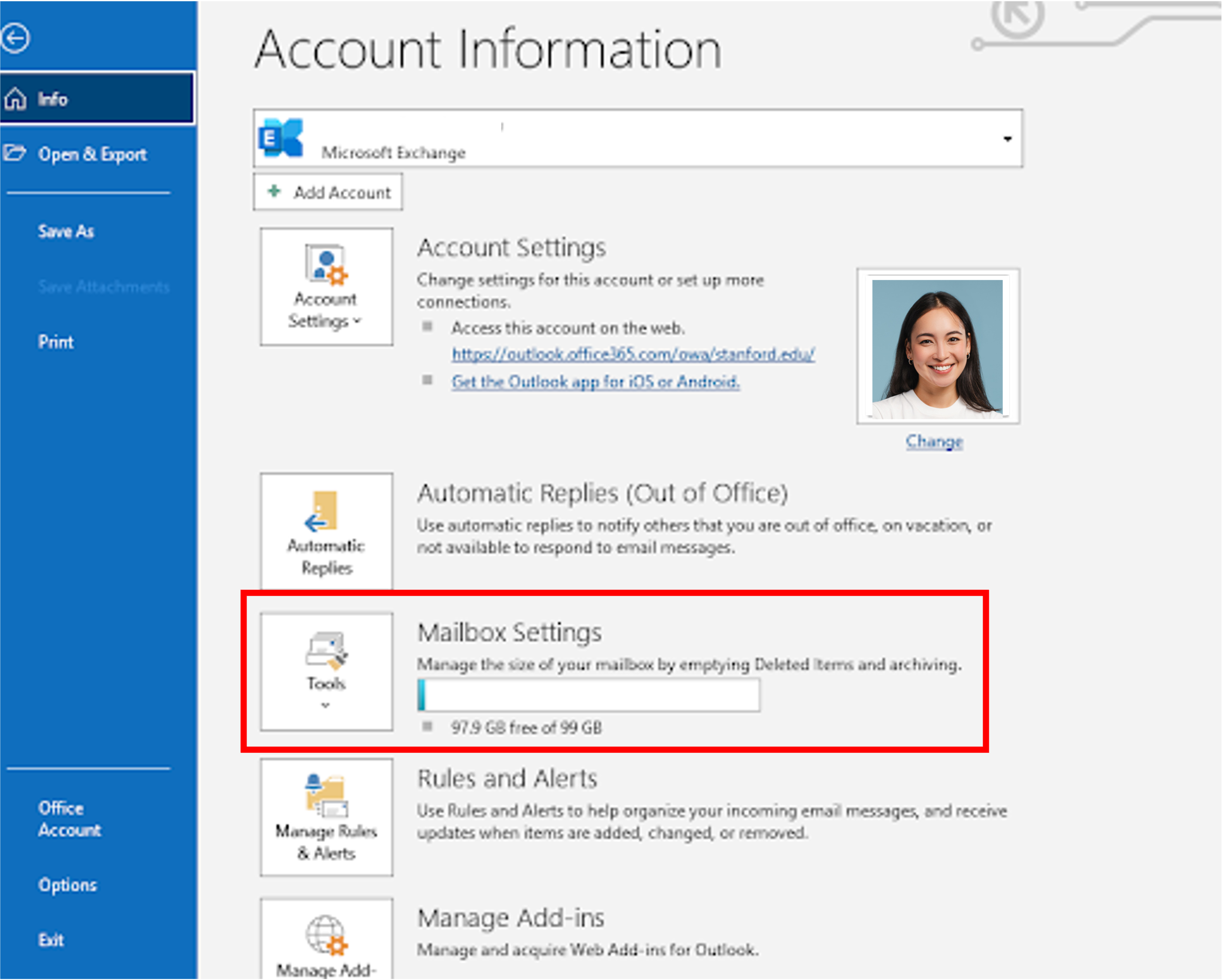 In classic outlook, under account, look for Mailbox Settings