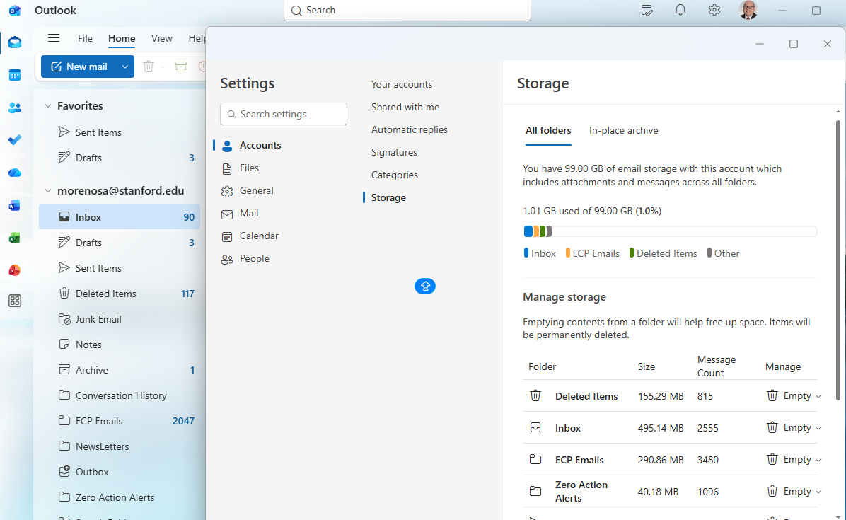 In new outlook, to see storage, click the gear icon, then accounts, then storage. 