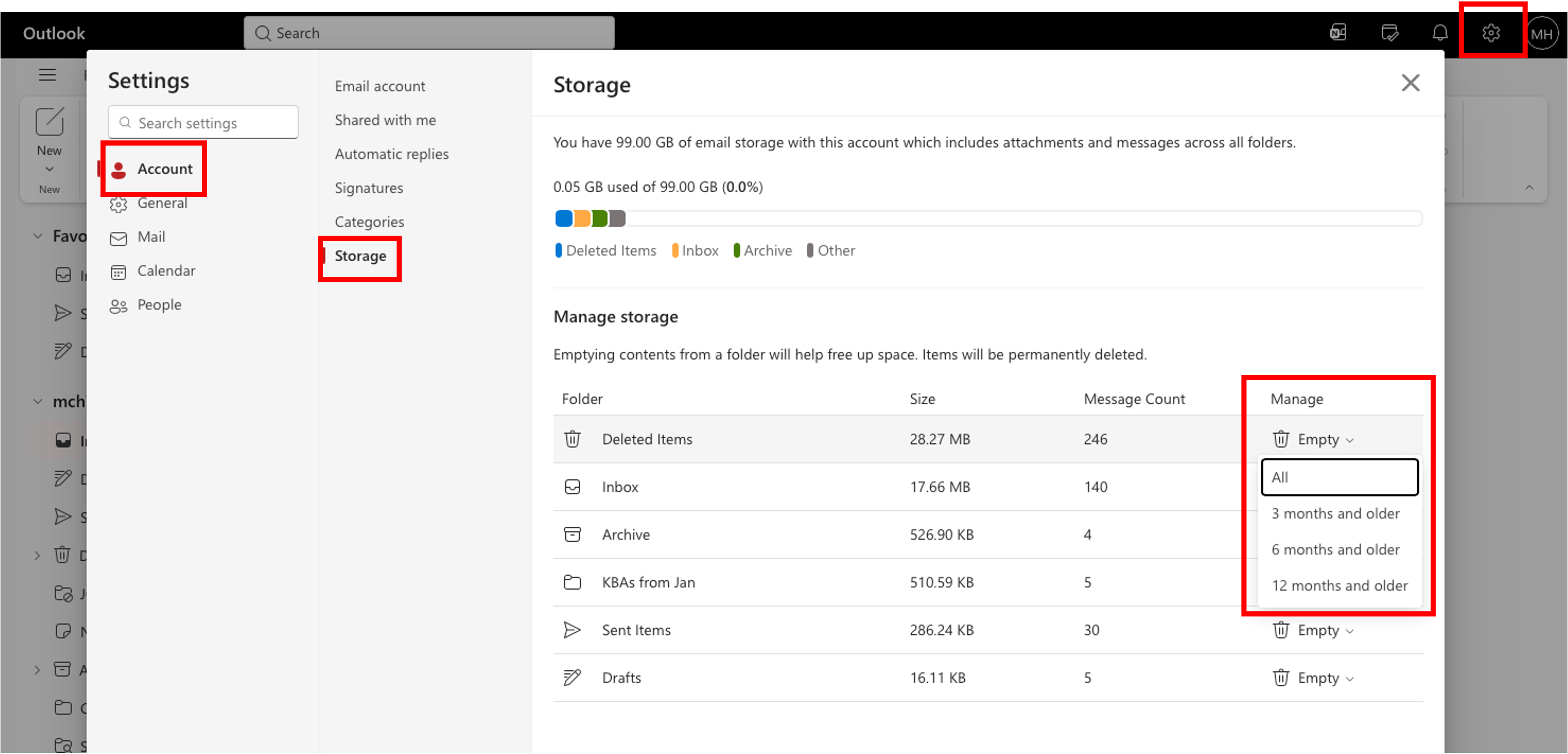 in webmail, click the gear icon, then account, then storage, to see a view of storage by folder and empty selected folders