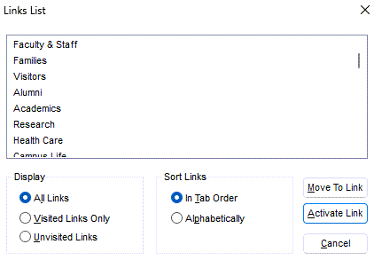 screenshot of JAWS links list dialog